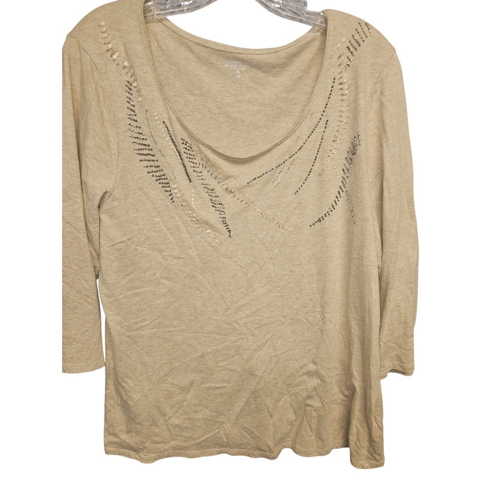 Coldwater Creek Women Tan Sequin Beaded Scoop Neck 3/4 Sleeve Top XL 16 4015345
